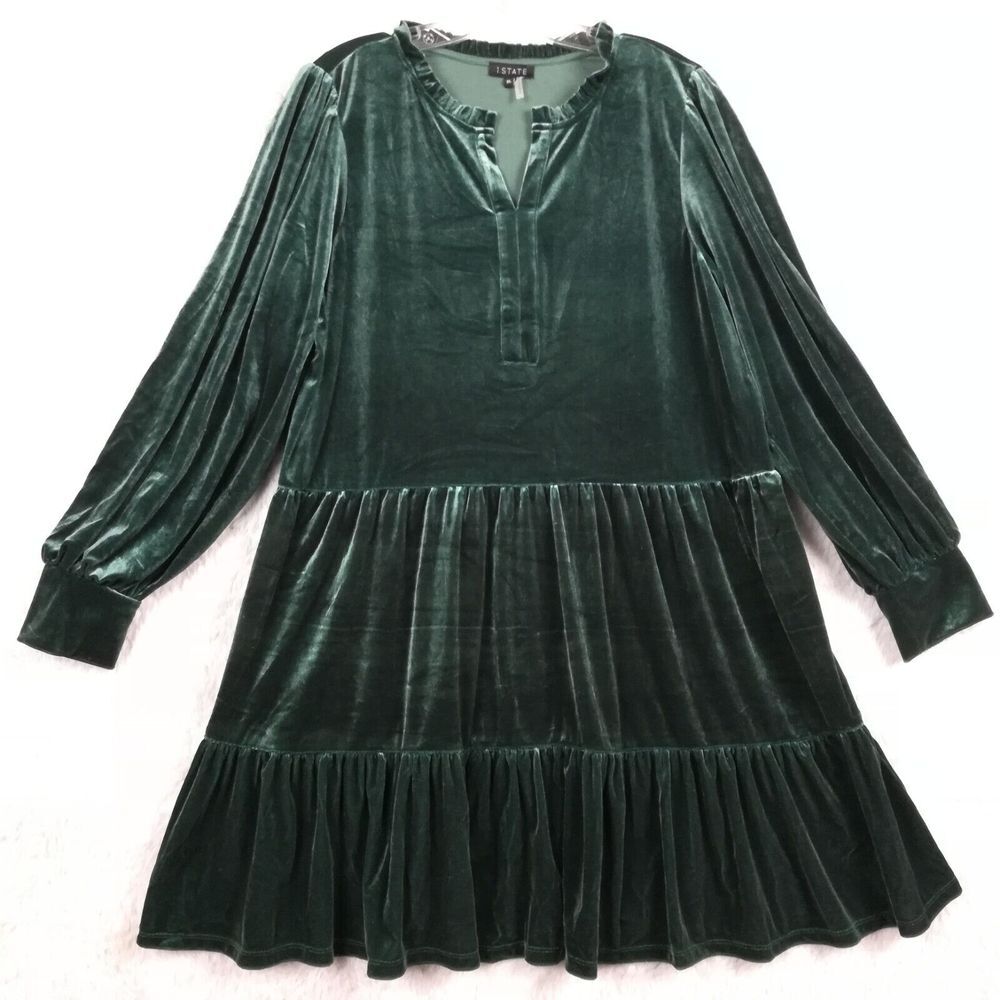 1. State Womens Dress Long Sleeve Velvet Velour Tiered Emerald Green XL New‎